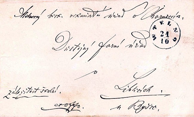 Církevní skládaný dopis z Chorušic do Liblic s prvním razítkem pošty Vtelno z 21.října 1879