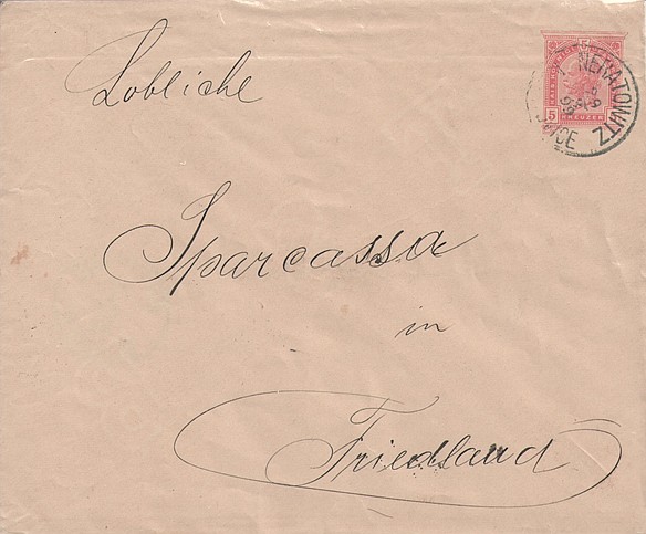 Rakouská poštovní celina (obálka s natištěnou poštovní známkou) s prvním neratovickým poštovním razítkem z 29. března 1899 poslaná do Frýdlantu v Čechách.
