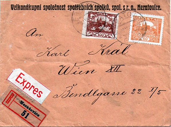 Spěšný a doporučený dopis z 22. června 1920 z Neratovic do Vídně.