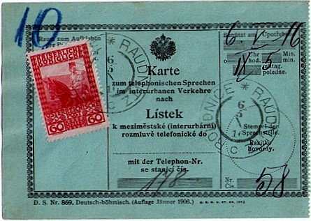 Telefonní karta – poštovní formulář s vylepenou výplatní poštovní známkou 60h; voláno z pošty Roudnice nad Labem do Ústí nad Labem 6.května 1916.