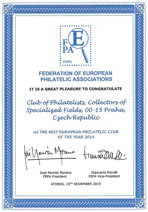 Ocenění FEPA - nejlepší evropský filatelistický klub roku 2014